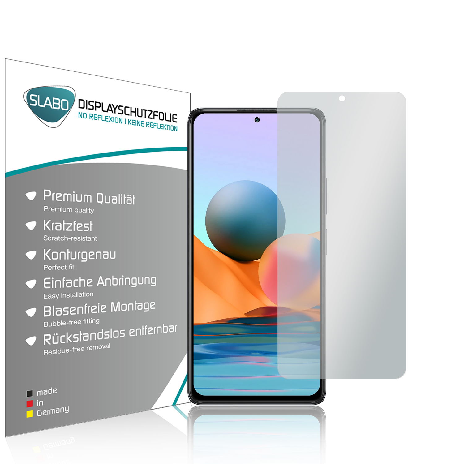 Ein Telefon mit Displayschutzfolie in einer Box, mit Text über Qualität und Eigenschaften des Produkts.