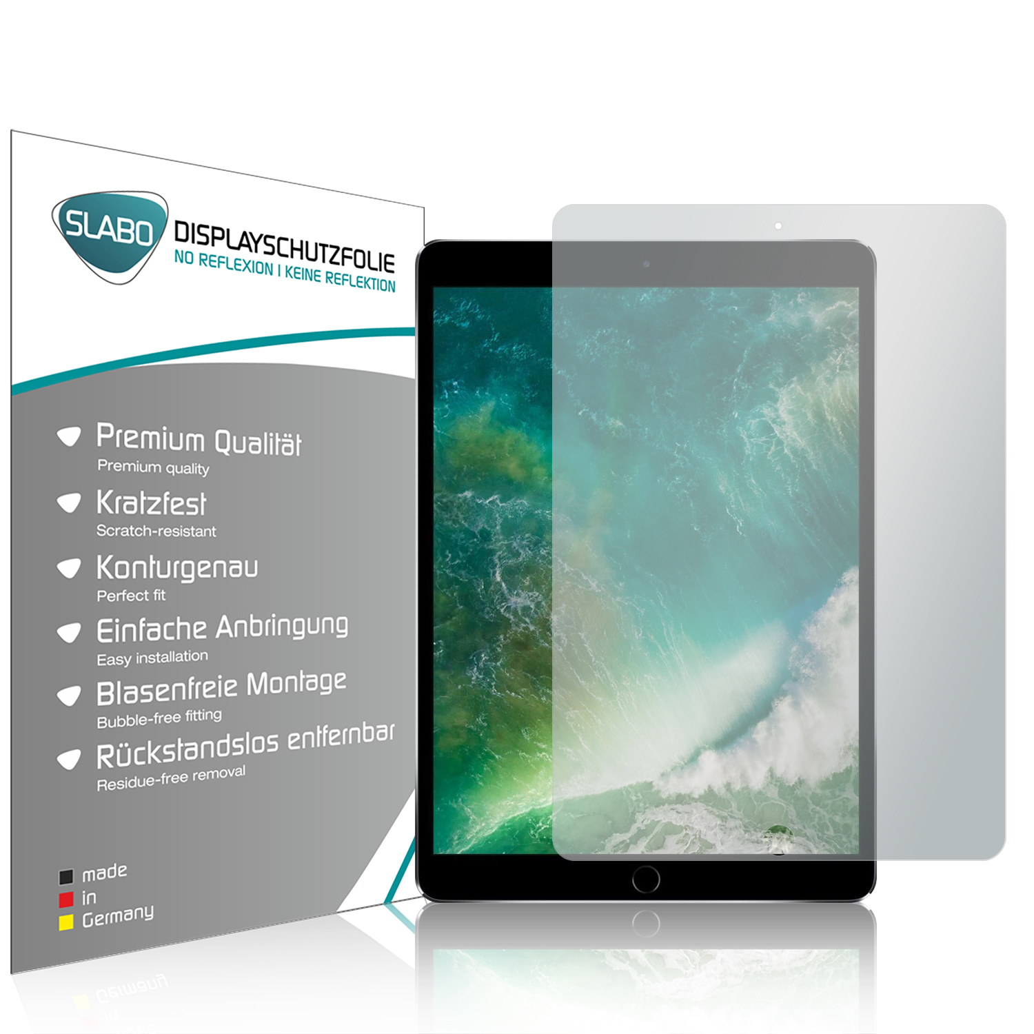 Ein Tablet mit Displayschutzfolie und Verpackung. Text auf der Box auf Deutsch.