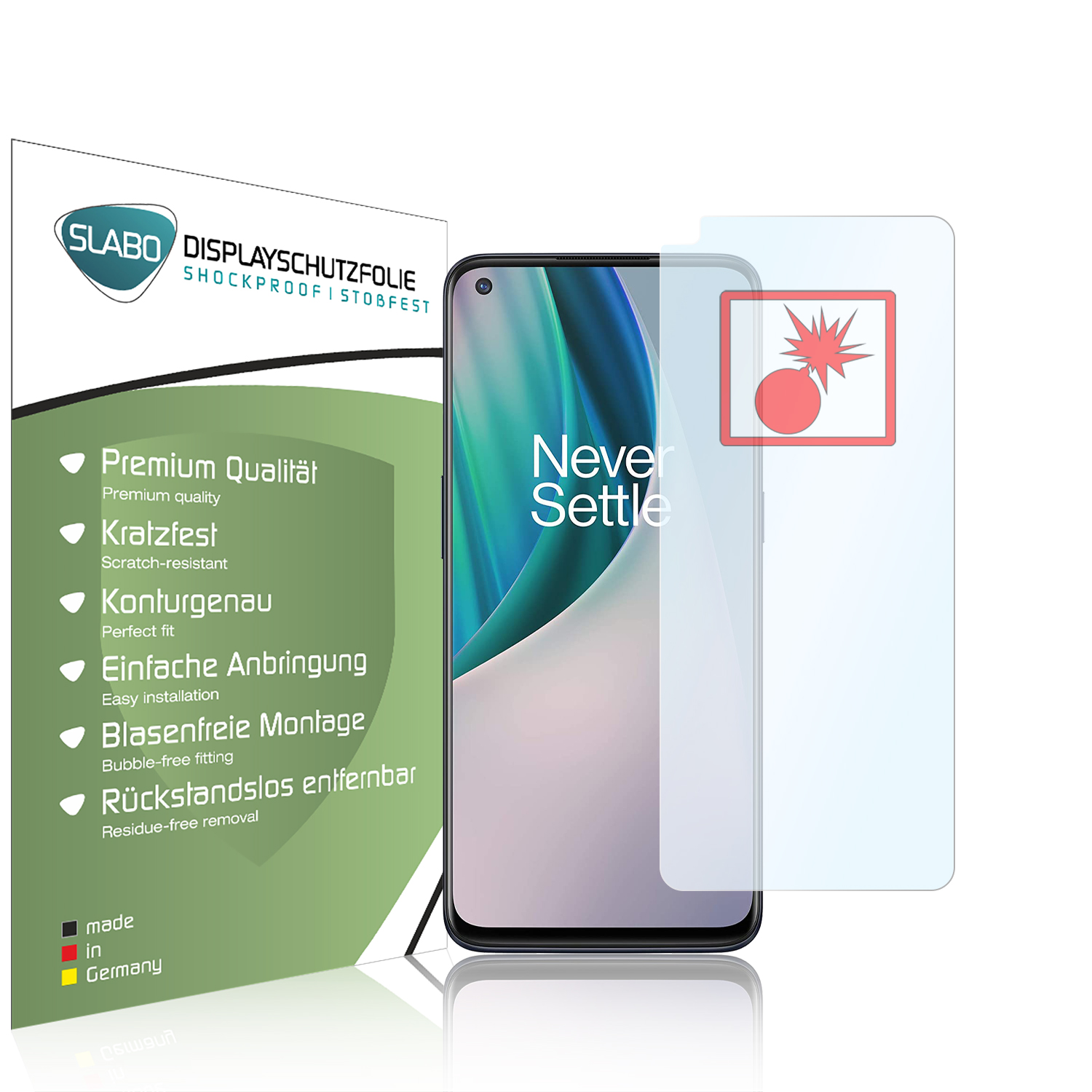 Ein Telefon mit Displayschutzfolie und die Verpackung.