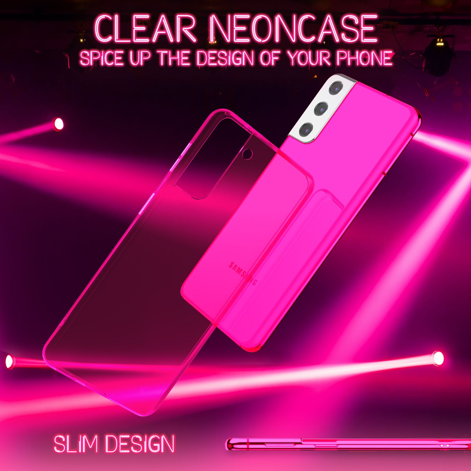 Custodia per telefono rosa con finestra trasparente, testo "CLEAR NEONCASE" e "SLIM DESIGN" su sfondo neon rosa.