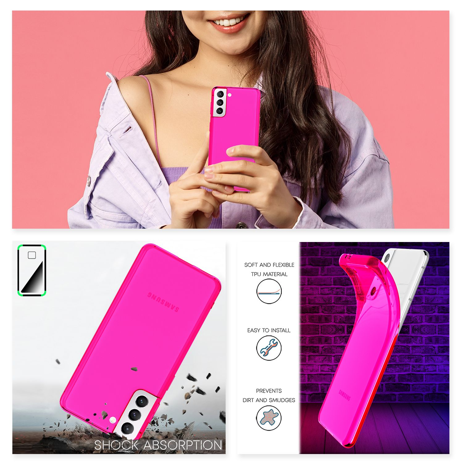 Donna che tiene un telefono rosa in una custodia rosa. Testo e diagrammi di assorbimento.