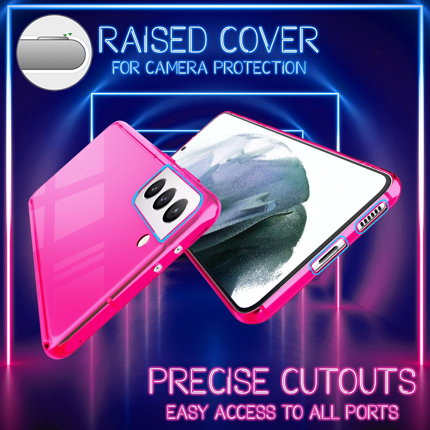 Custodia rosa per telefono che protegge un telefono. Sfondo al neon con testo.