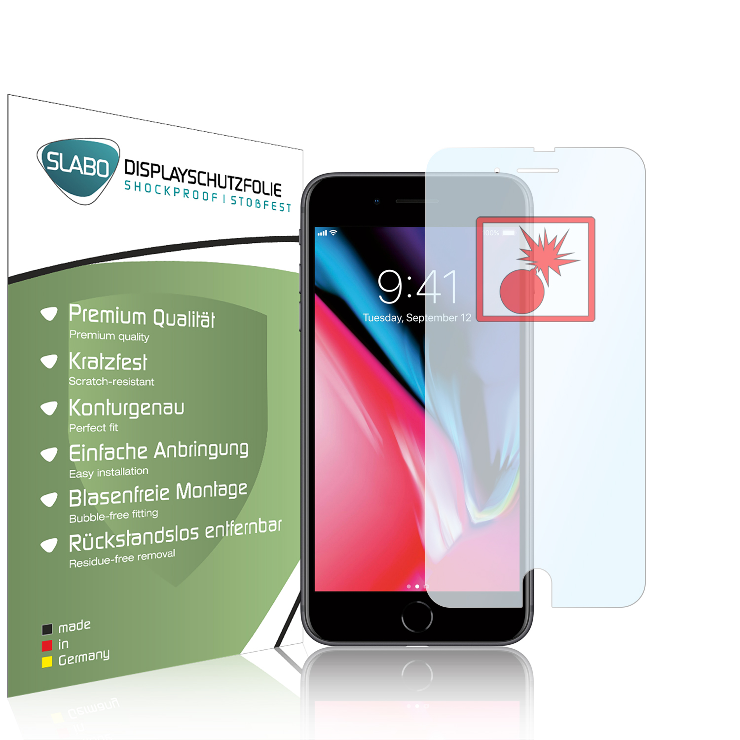 iPhone mit Displayschutzfolie, umgeben von Verpackung mit Text. Weißer Hintergrund.