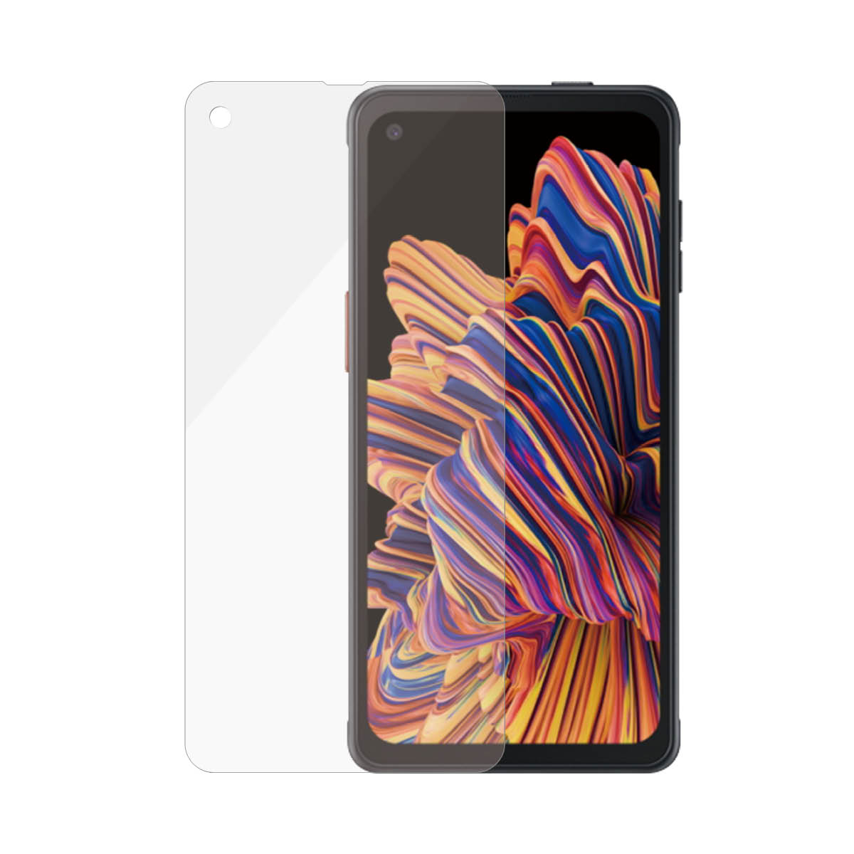 Uno smartphone con un proteggi schermo applicato, con schermo trasparente e sfondo astratto colorato.