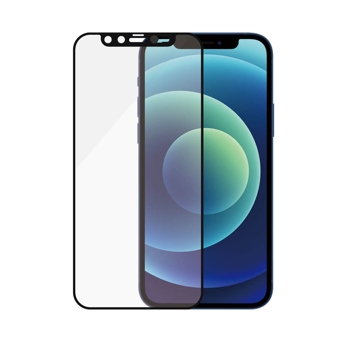 Un iPhone con una protezione schermo accanto. Lo schermo ha uno sfondo blu astratto.