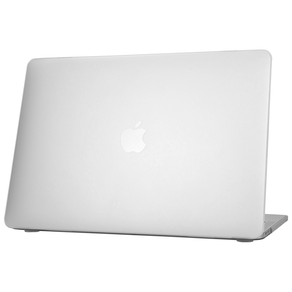 Silberner Laptop mit Apple-Logo auf der Rückseite, leicht geöffnet.