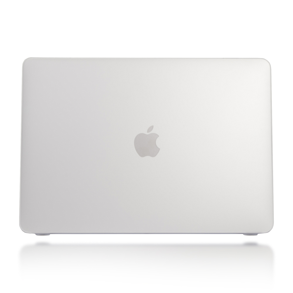 Silbernes Macbook von oben. Apple-Logo in der Mitte. Weißer Hintergrund.