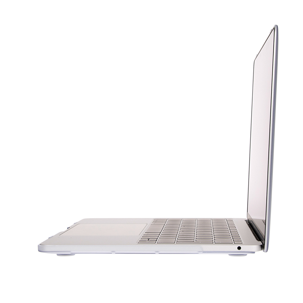 Seitenansicht eines silbernen Laptops auf weißem Hintergrund. Tastatur sichtbar. Bildschirm ist geöffnet.