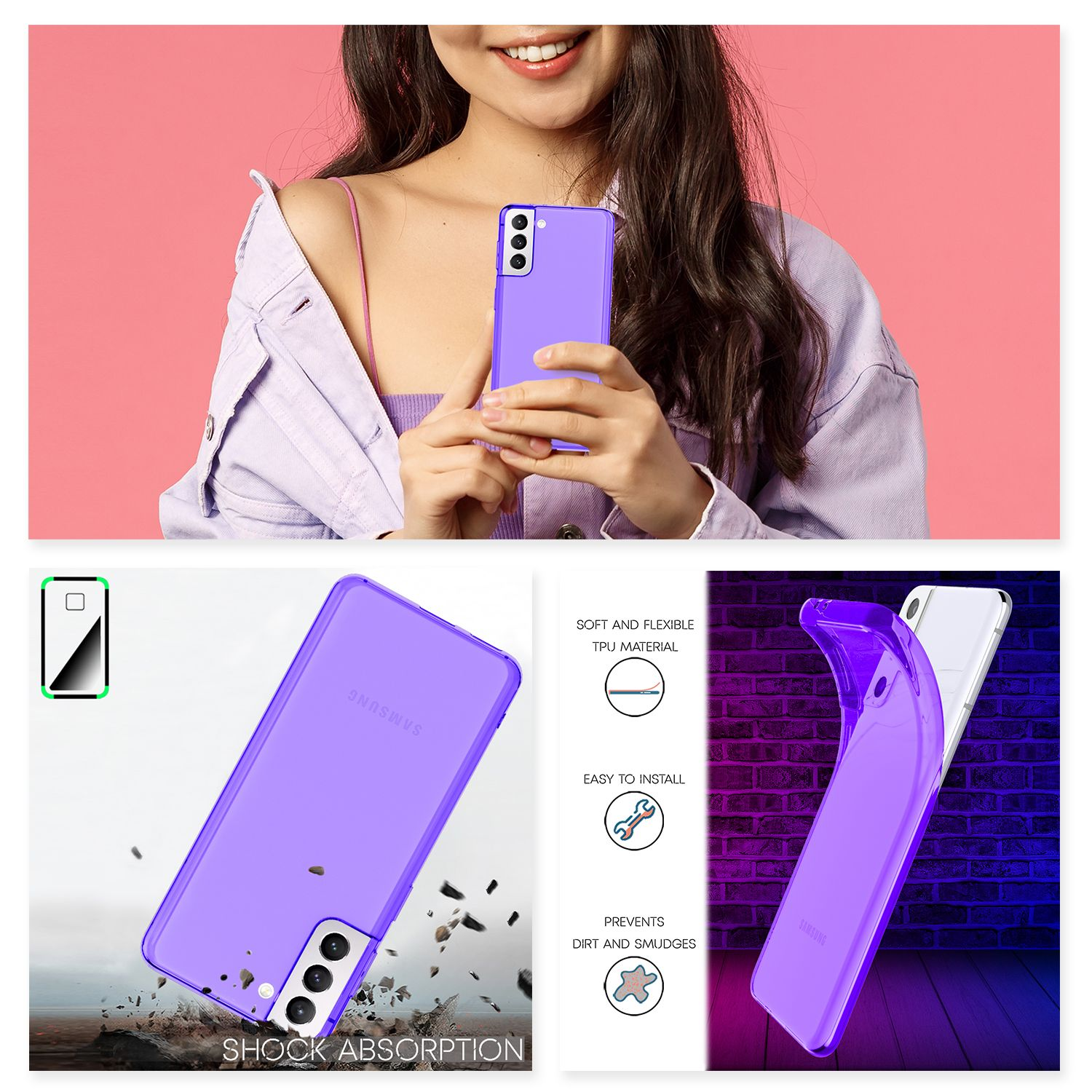 Donna che tiene un telefono in una custodia viola. Altre immagini mostrano i dettagli della custodia.