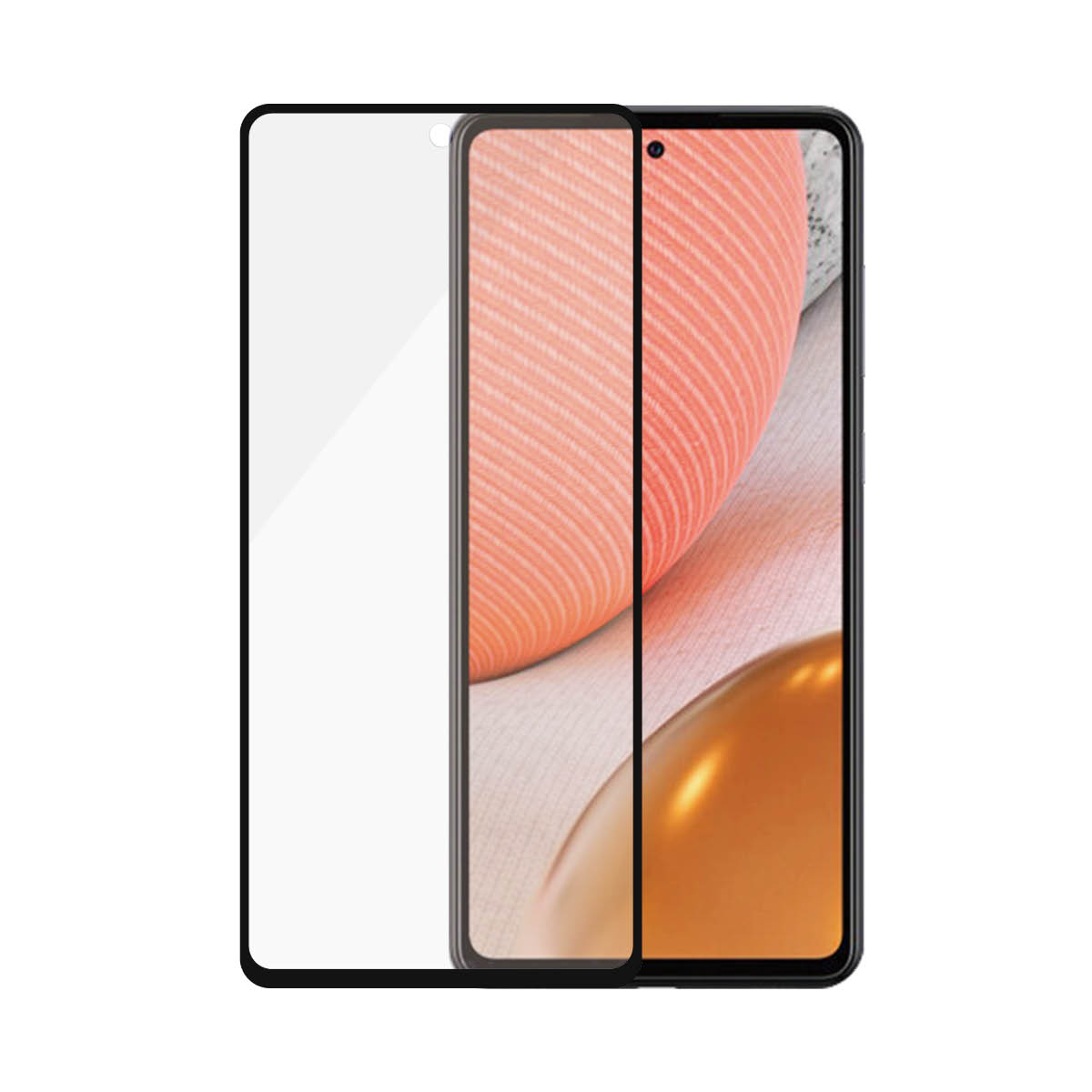Un smartphone avec protecteur d'écran. L'écran affiche un design abstrait pêche.