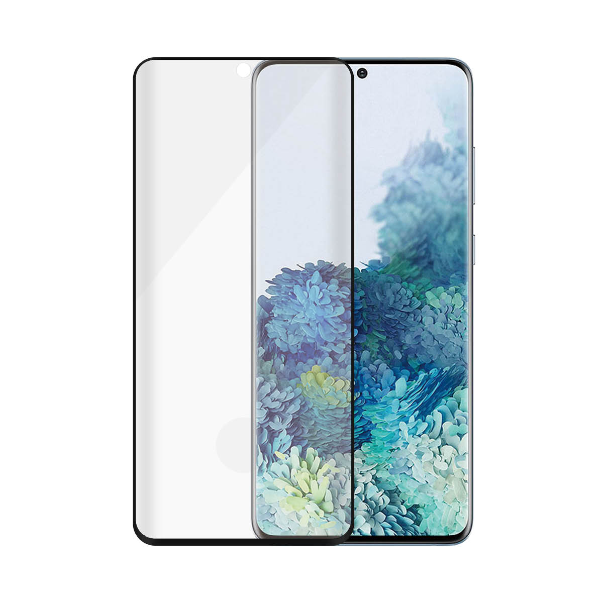 Uno smartphone e protezione schermo. Lo schermo mostra un design astratto blu e bianco.