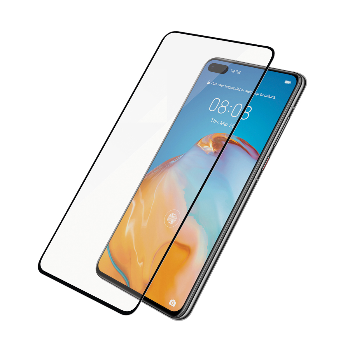 Telefono Huawei con protezione schermo. Il display mostra l'ora: 08:08 e la data.