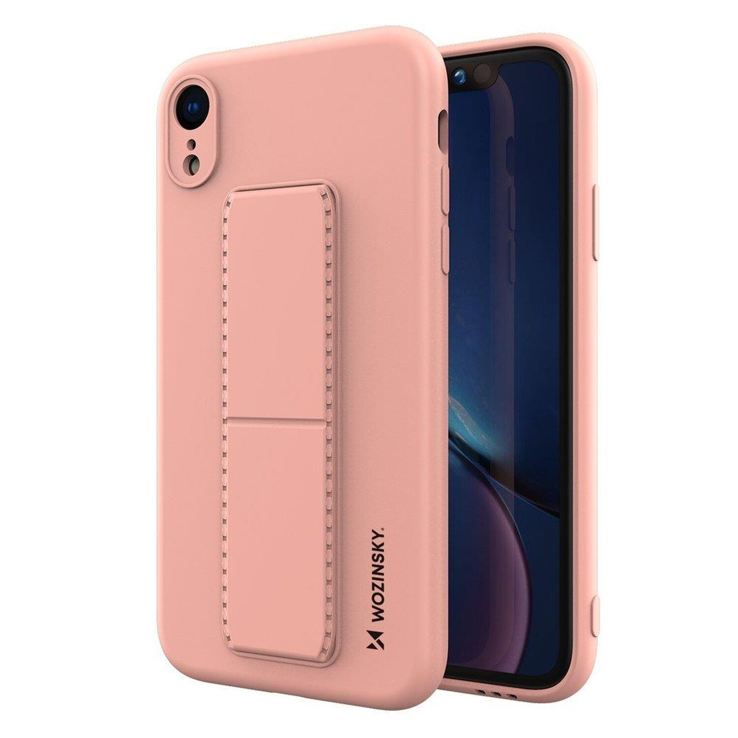 Rosa Handyhülle mit am Telefon befestigtem Ständer.