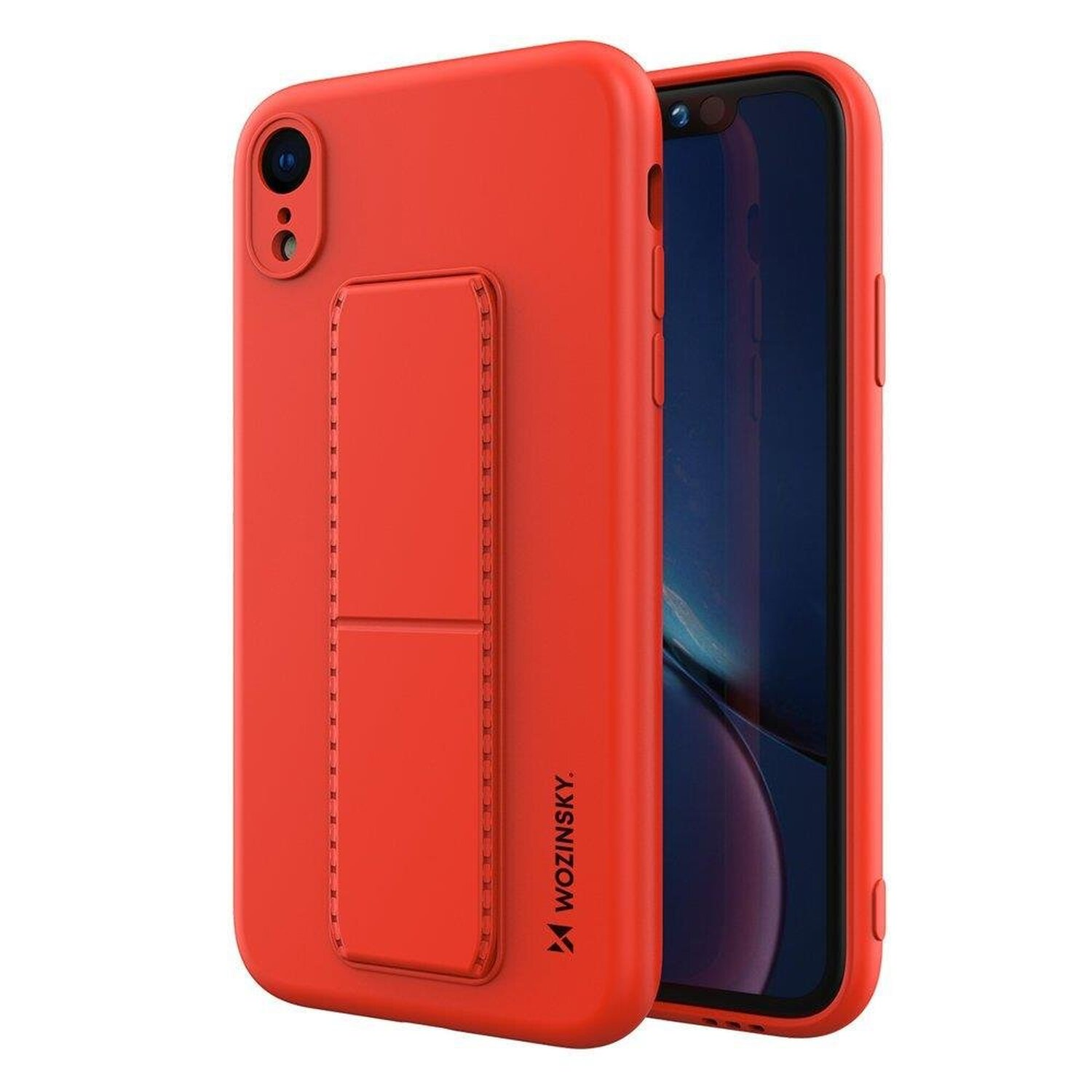 Eine rote Handyhülle mit einem Pop-out-Griff auf der Rückseite, die ein Telefon hält.