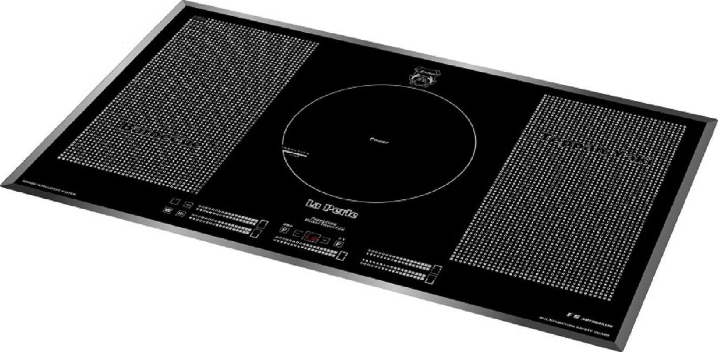 Placa de inducción negra con dos zonas de cocción y zona circular. Controles visibles.