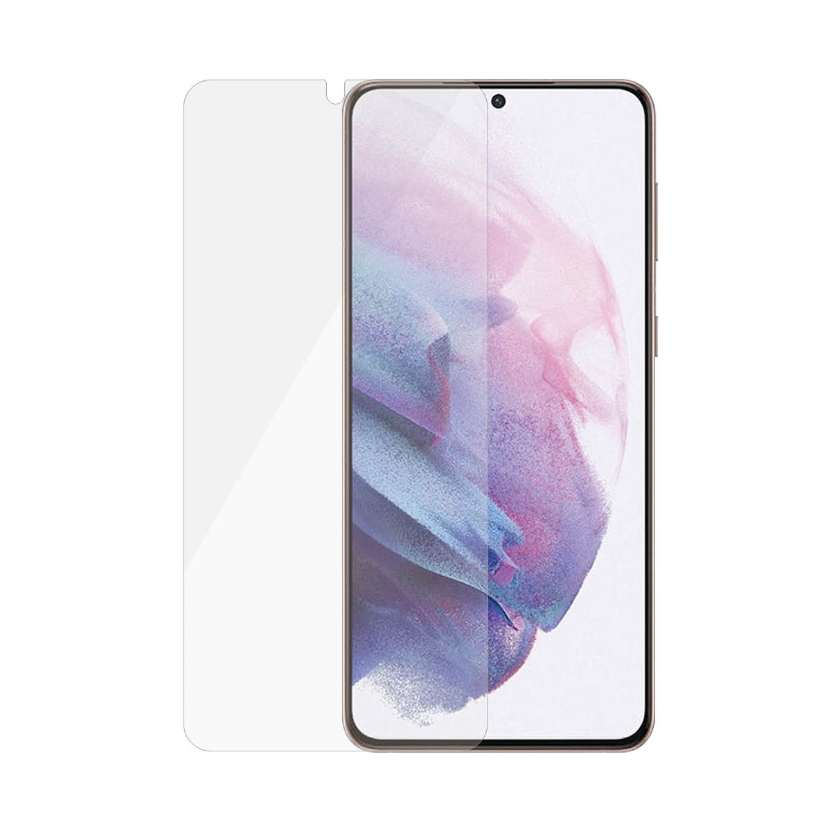 Telefono Samsung con protezione schermo. Display con sfondo bianco e alcune icone.
