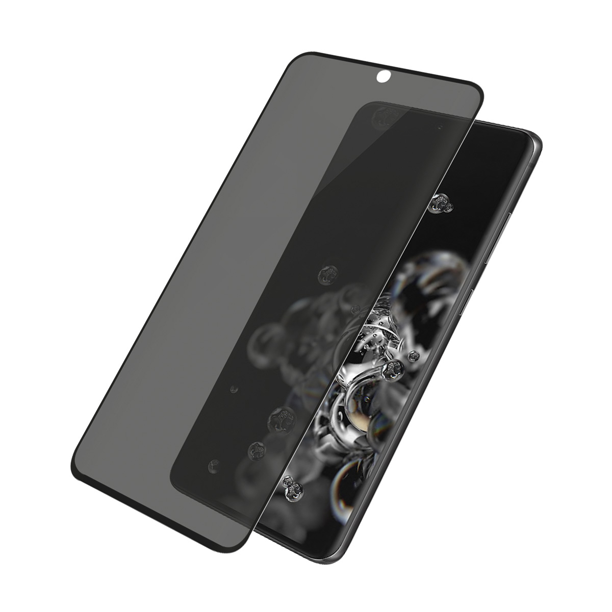 Telefon Samsung z ochroną ekranu. Oba są ciemnoszare. Wyświetlacz z rozmytym tłem.