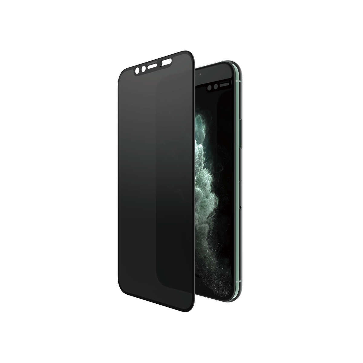 iPhone con protezione schermo. Entrambi grigio scuro. Il telefono ha sfondo scuro.