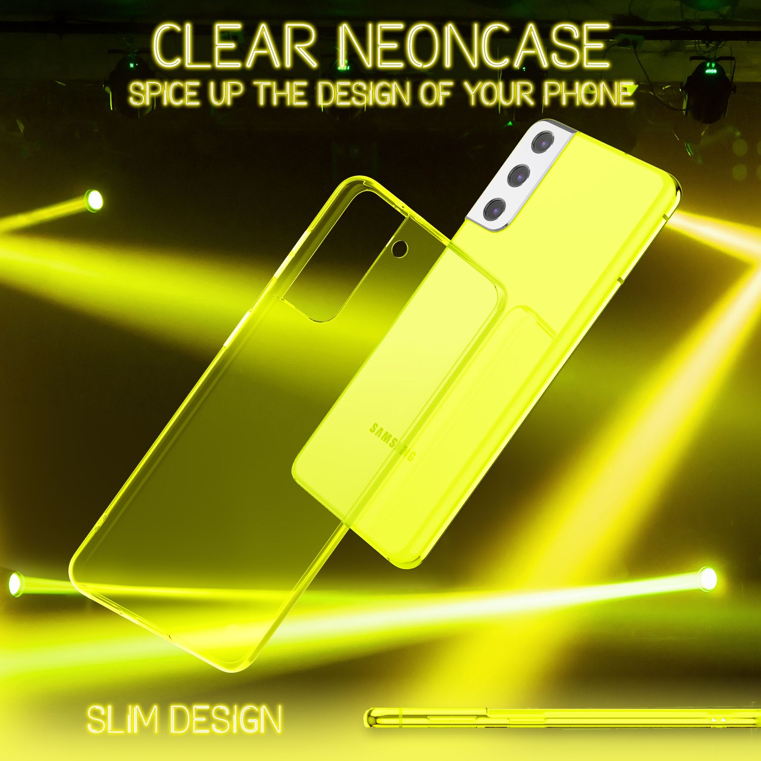 Una custodia per telefono giallo neon trasparente su un telefono giallo. La custodia è trasparente e ha un design sottile.