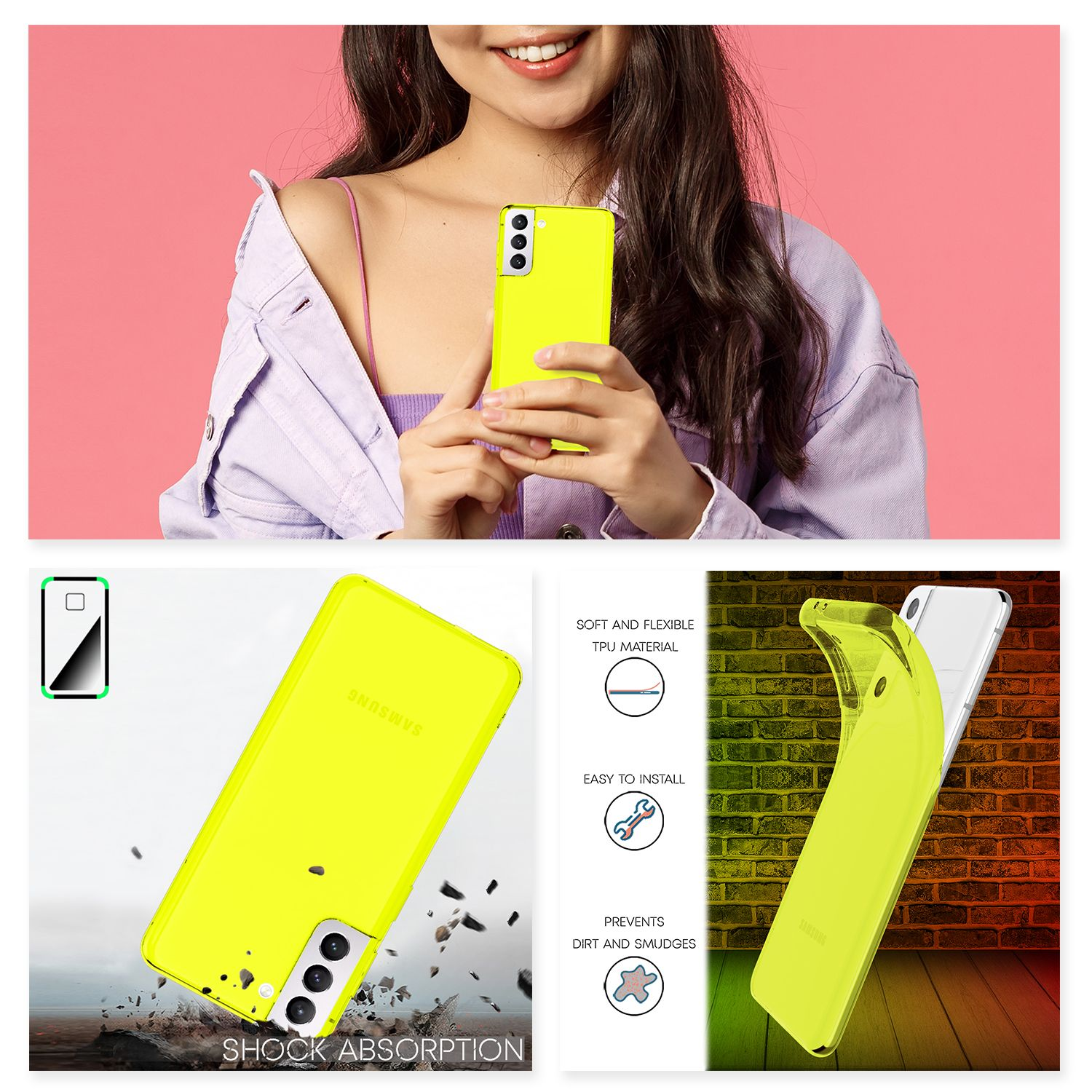 Una donna con una custodia gialla per telefono in mano. Il telefono è giallo.