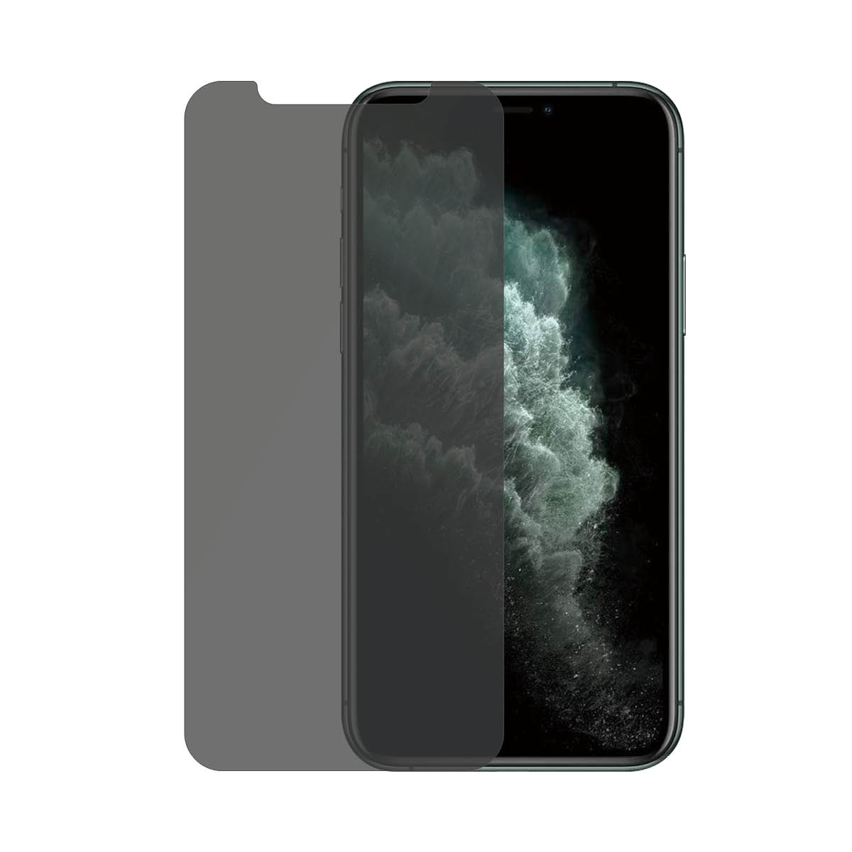 Un iPhone con protezione schermo privacy. Lo schermo è scuro. La protezione è grigia. Lo sfondo è bianco.