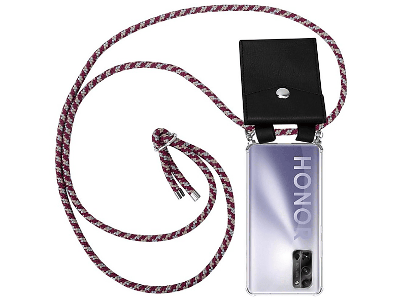 CADORABO Handy Kette mit Silber Ringen, Kordel Band und abnehmbarer Hülle, Backcover, Honor, 30 PRO+, ROT GELB WEIß