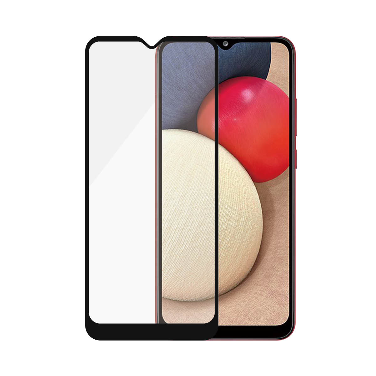 Uno smartphone con protezione schermo. Lo schermo mostra un design astratto colorato. Colori: rosso e blu.