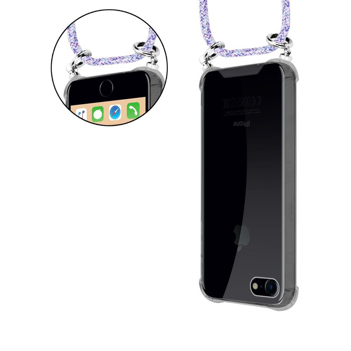 Telefono in una custodia trasparente con cinturino. Il telefono è sullo sfondo.