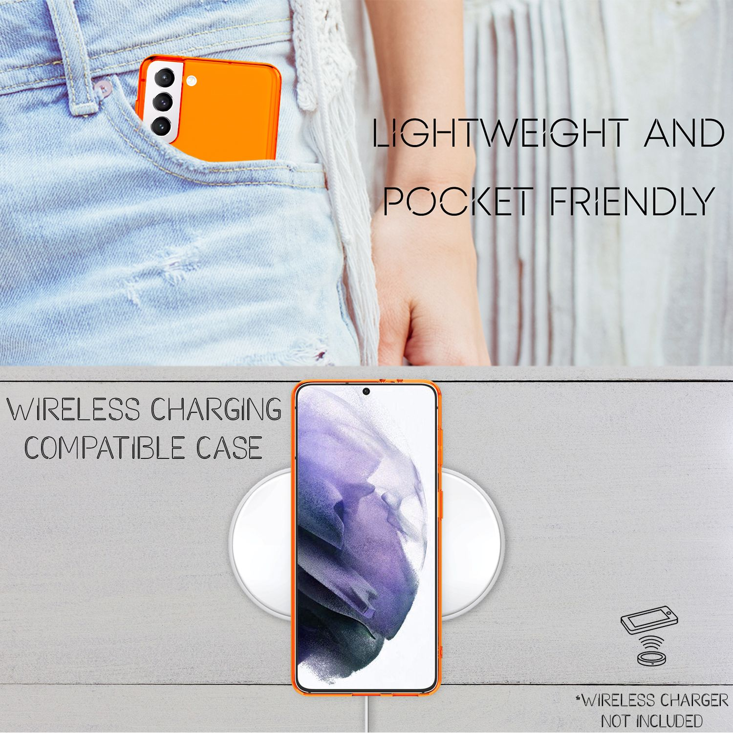 Ein Telefon befindet sich in einer Tasche und auf einem Ladegerät. Die Handyhülle ist orange.