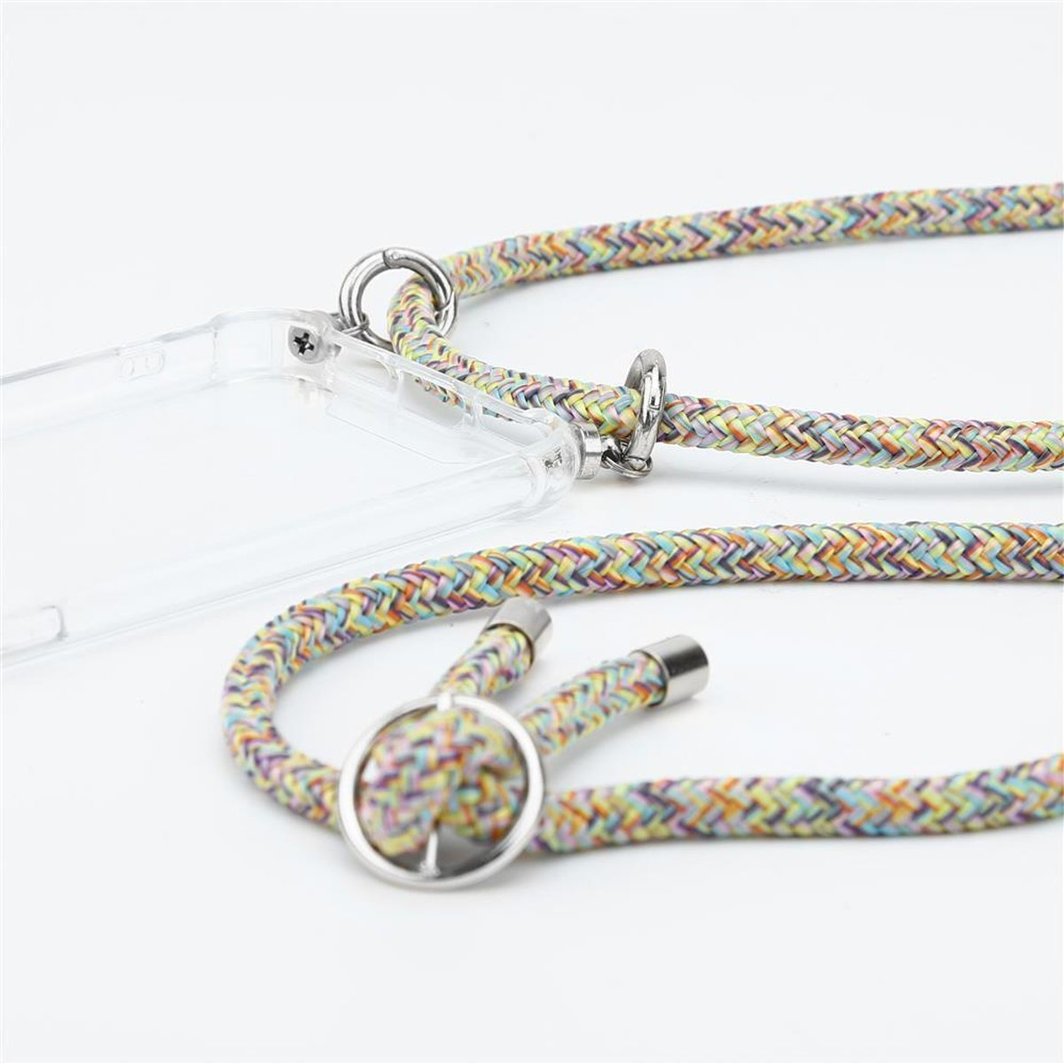 Un cordino con un design a corda multicolore. Ha una custodia trasparente per telefono e anelli d'argento.