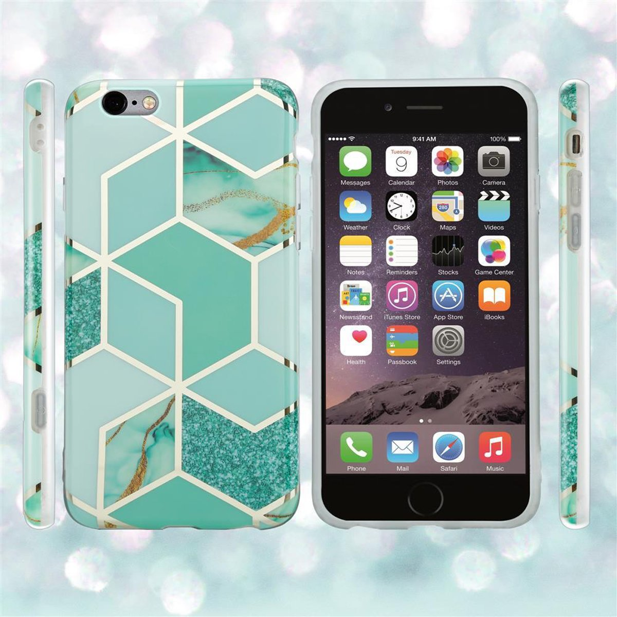 Telefon mit teal- und Gold-Design-Hülle. Der Bildschirm zeigt den iOS-Startbildschirm.