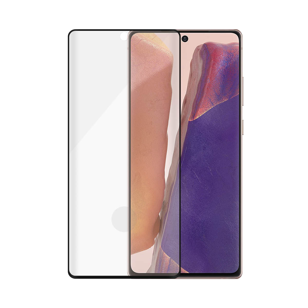 Uno smartphone con protezione schermo. Lo schermo mostra un design. Lo sfondo è bianco.