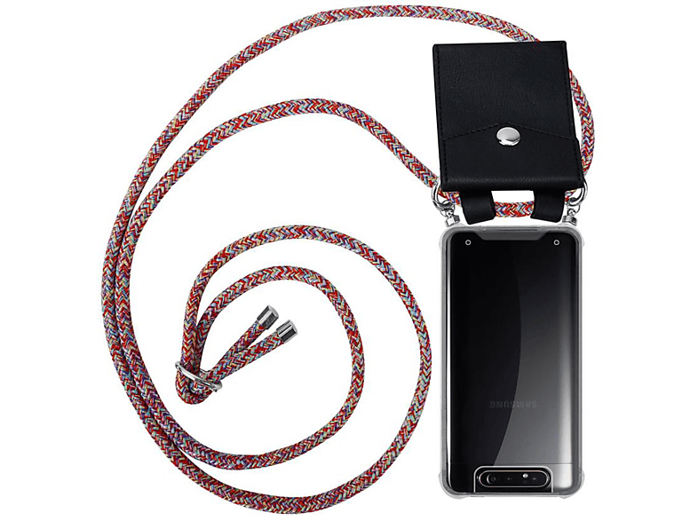 CADORABO Handy Kette mit Silber Ringen, Kordel Band und abnehmbarer Hülle, Backcover, Samsung, Galaxy A80 / A90 4G, COLORFUL PARROT