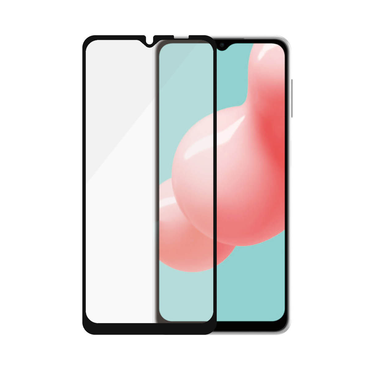 Telefono nero con protezione schermo applicata. Sfondo rosa e azzurro.
