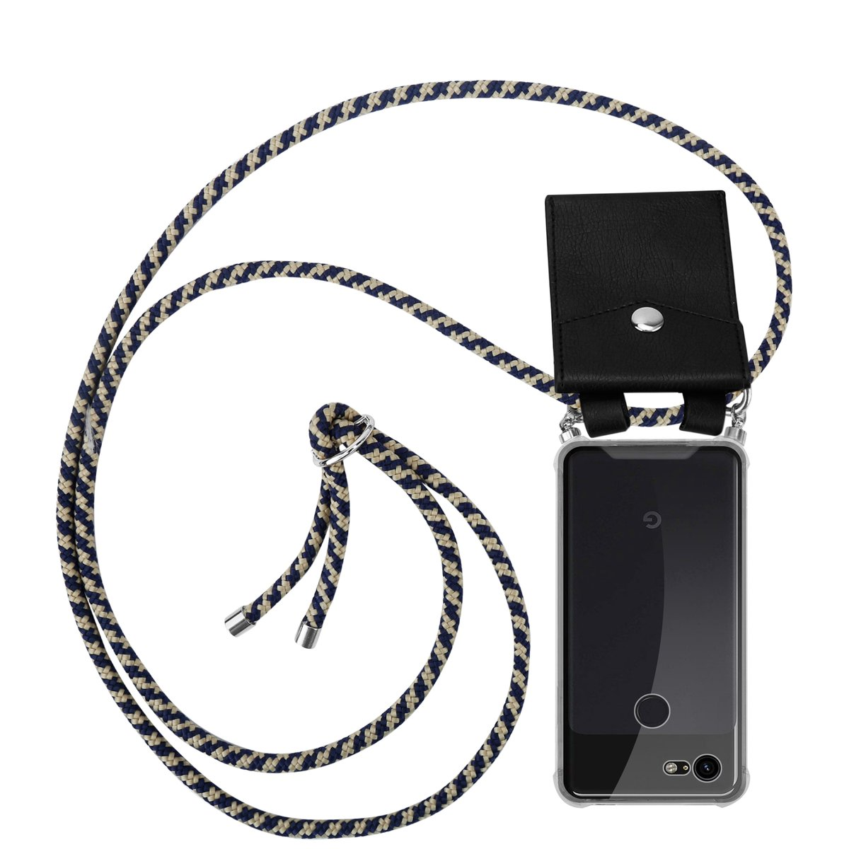 Ein schwarzes Telefon mit klarer Handyhülle und Schlüsselband. Das Schlüsselband ist schwarz-beige.