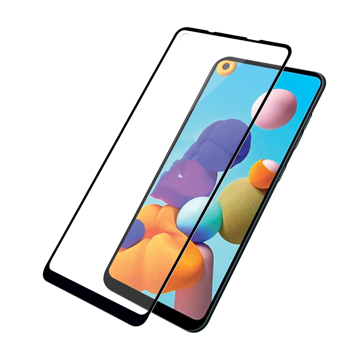 Smartphone con protezione schermo. Lo schermo mostra un design con colori rosa, blu e bianco. Lo sfondo è bianco.