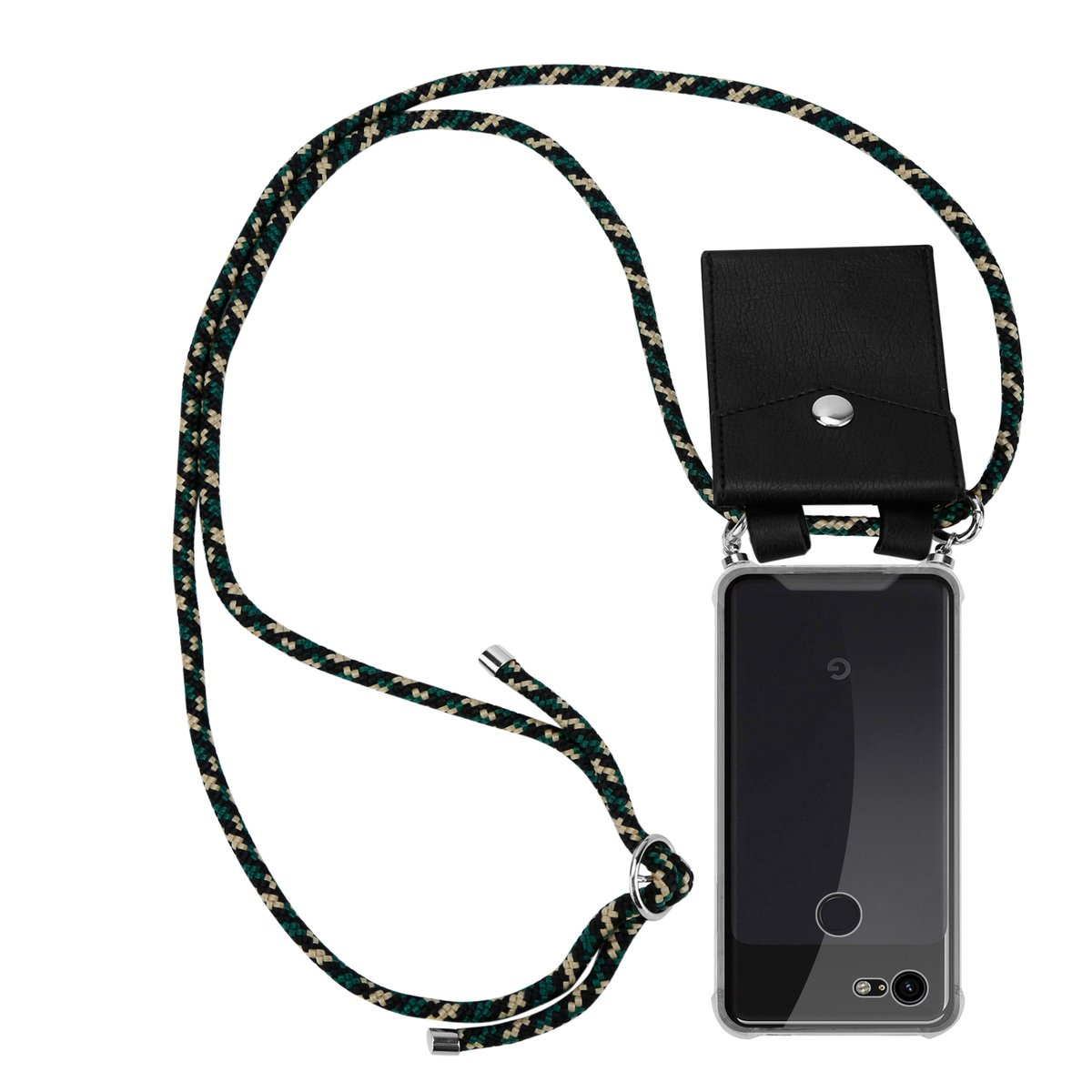 Handyhülle mit Lanyard. Schwarze Ledertasche an einer transparenten Handyhülle mit grünem, weißem und schwarzem Seil befestigt.