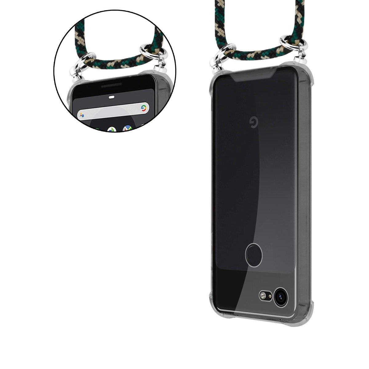 Handyhülle mit Lanyard. Das Telefon ist schwarz. Lanyard ist schwarz, grün und weiß.