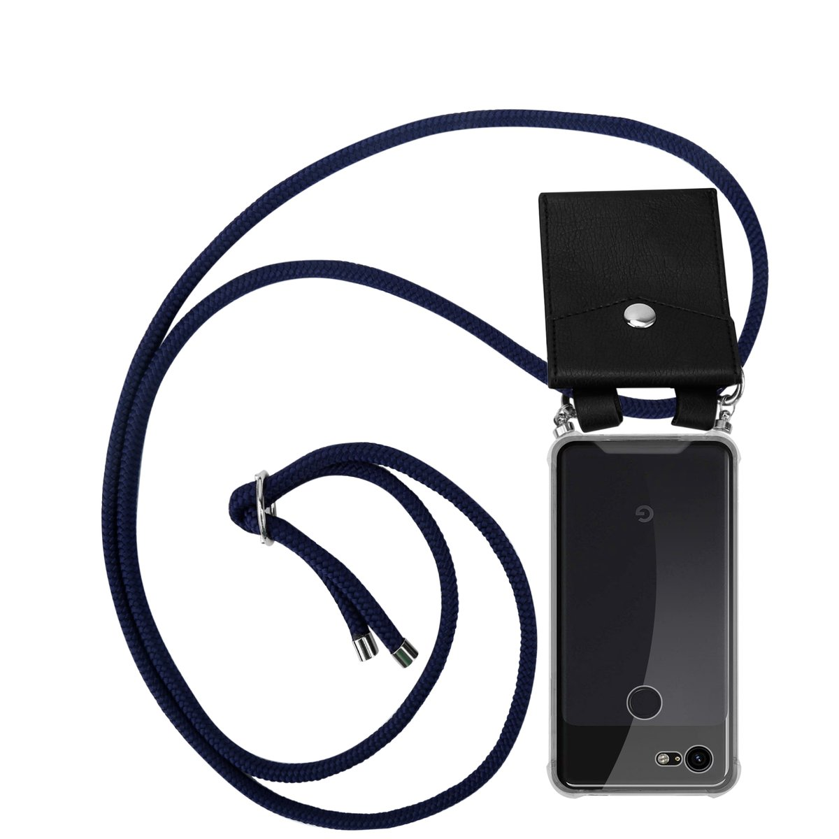 Ein Telefon mit Lanyard. Das Lanyard ist blau. Das Telefon befindet sich in einer transparenten Hülle.
