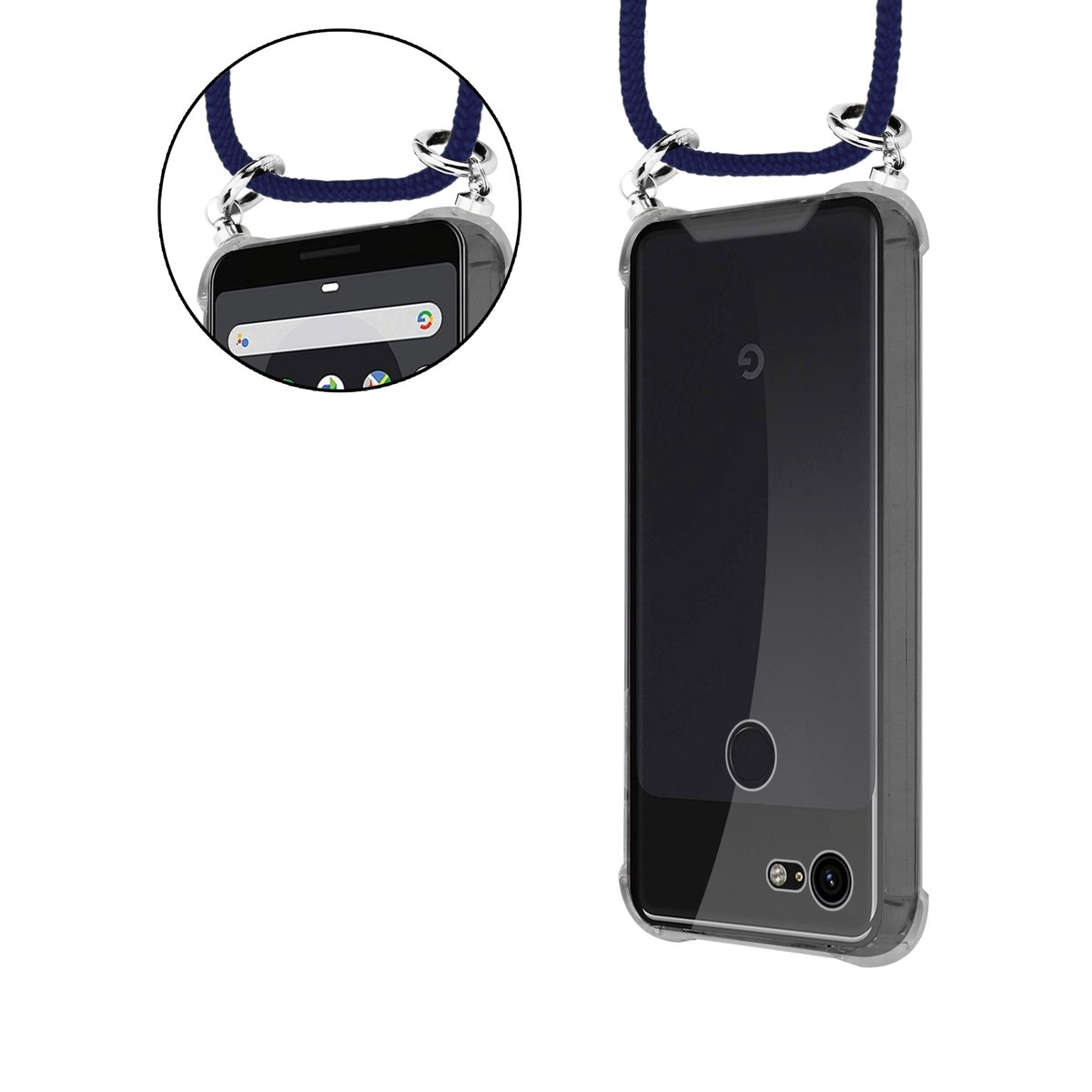 Telefon in klarer Hülle mit Lanyard. Telefon ist schwarz, Lanyard blau.