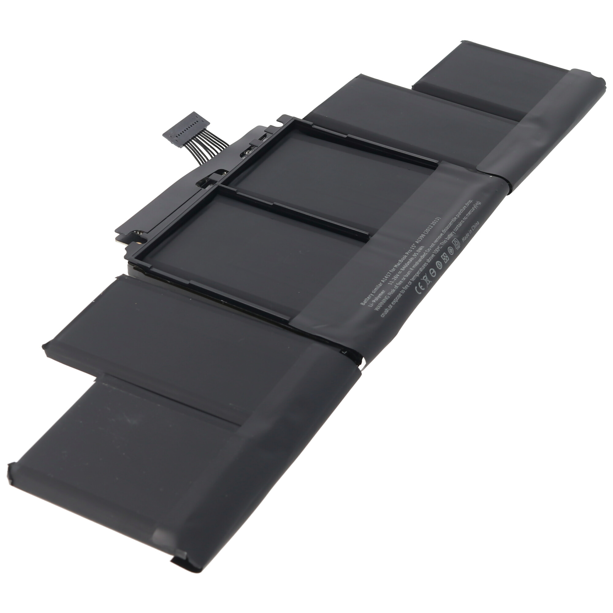 Ein schwarzer Laptop-Akku mit Anschlusskabel und mehreren Fächern.