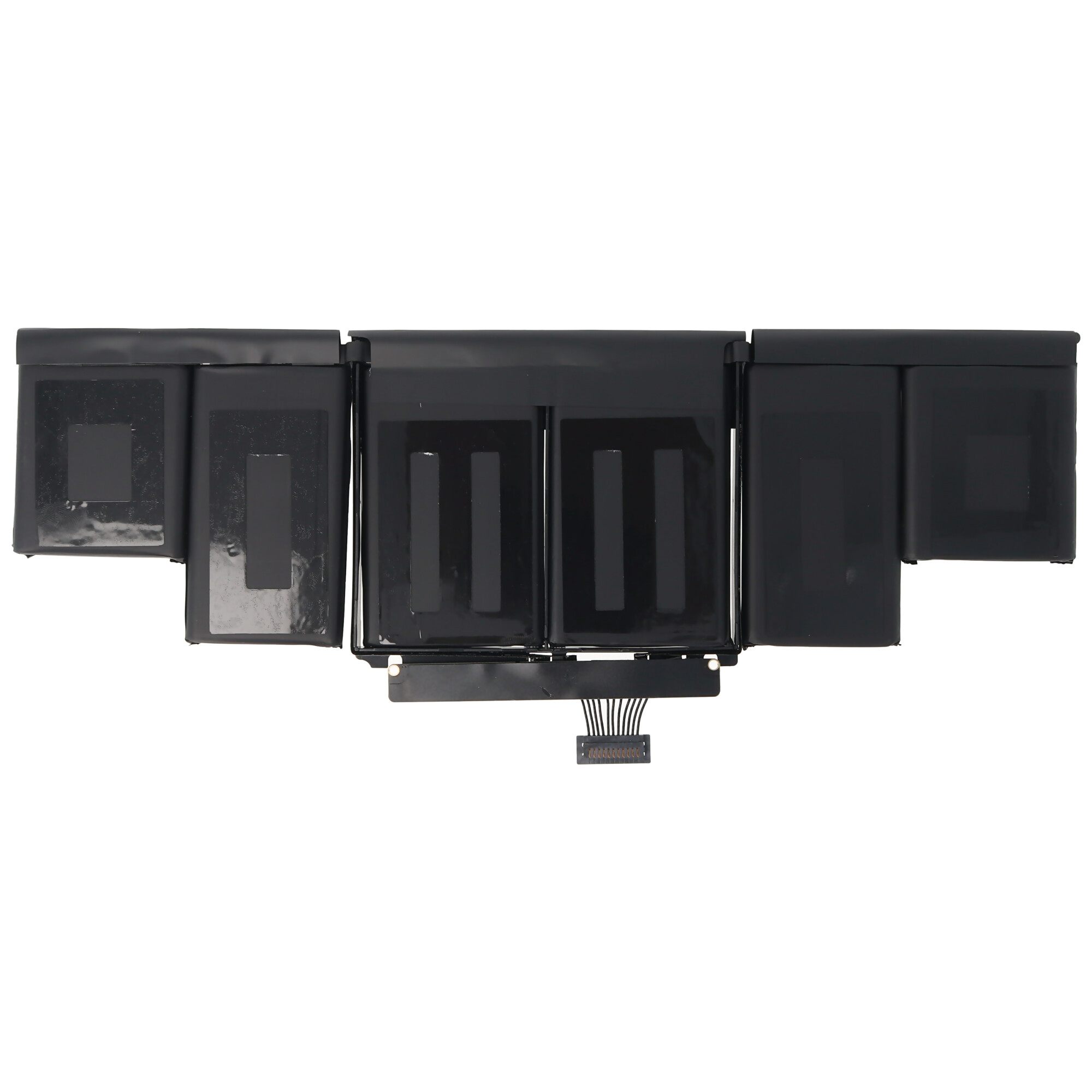 Schwarzer Laptop-Akkupack mit mehreren Zellen und einem Stecker, auf weißem Hintergrund.
