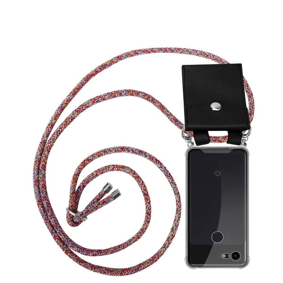 Telefon in einer transparenten Hülle mit einem Lanyard. Lanyard hat rote, rosa und lila Fäden.