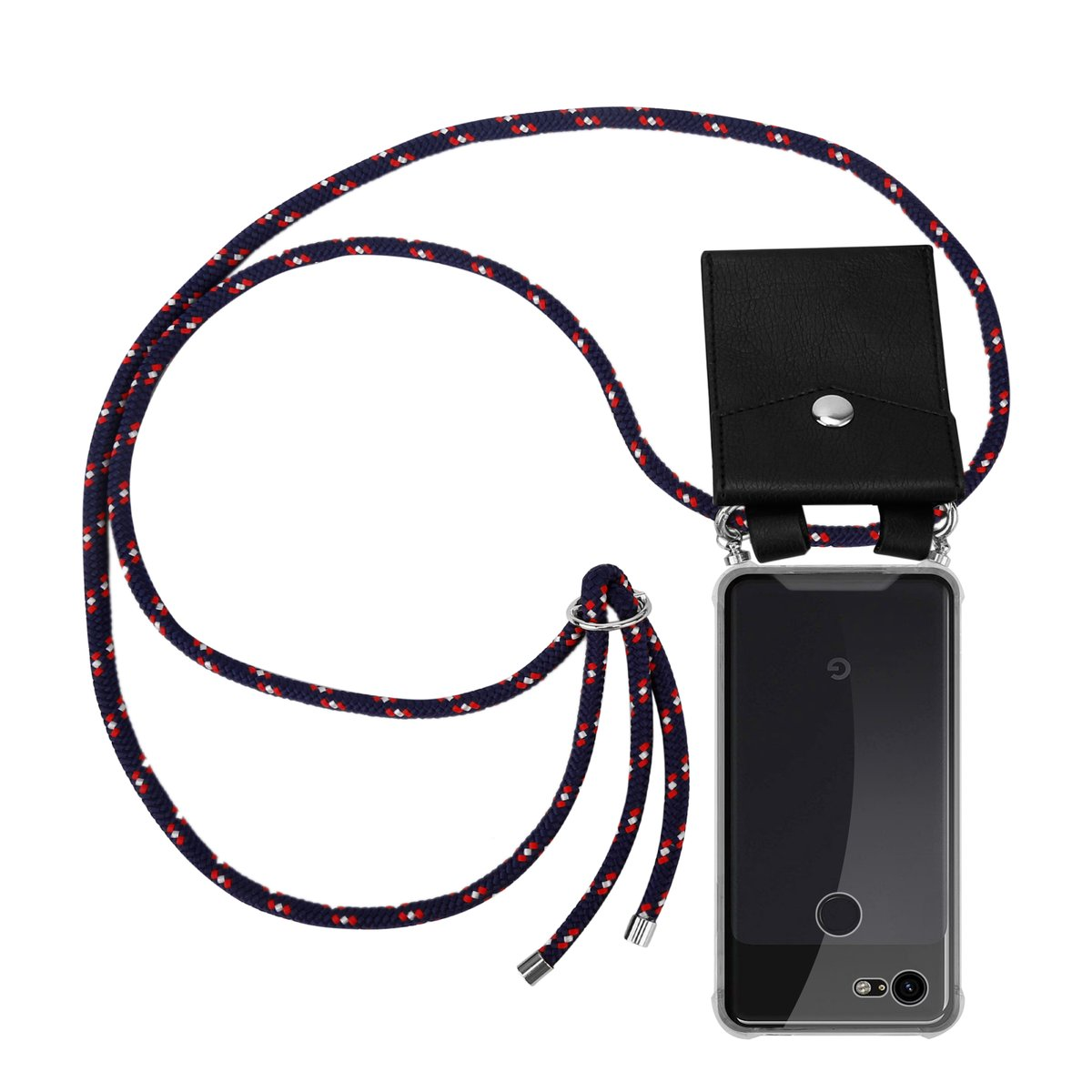 Ein Telefon mit Lanyard. Das Lanyard ist marineblau und rot mit schwarzem Lederetui.