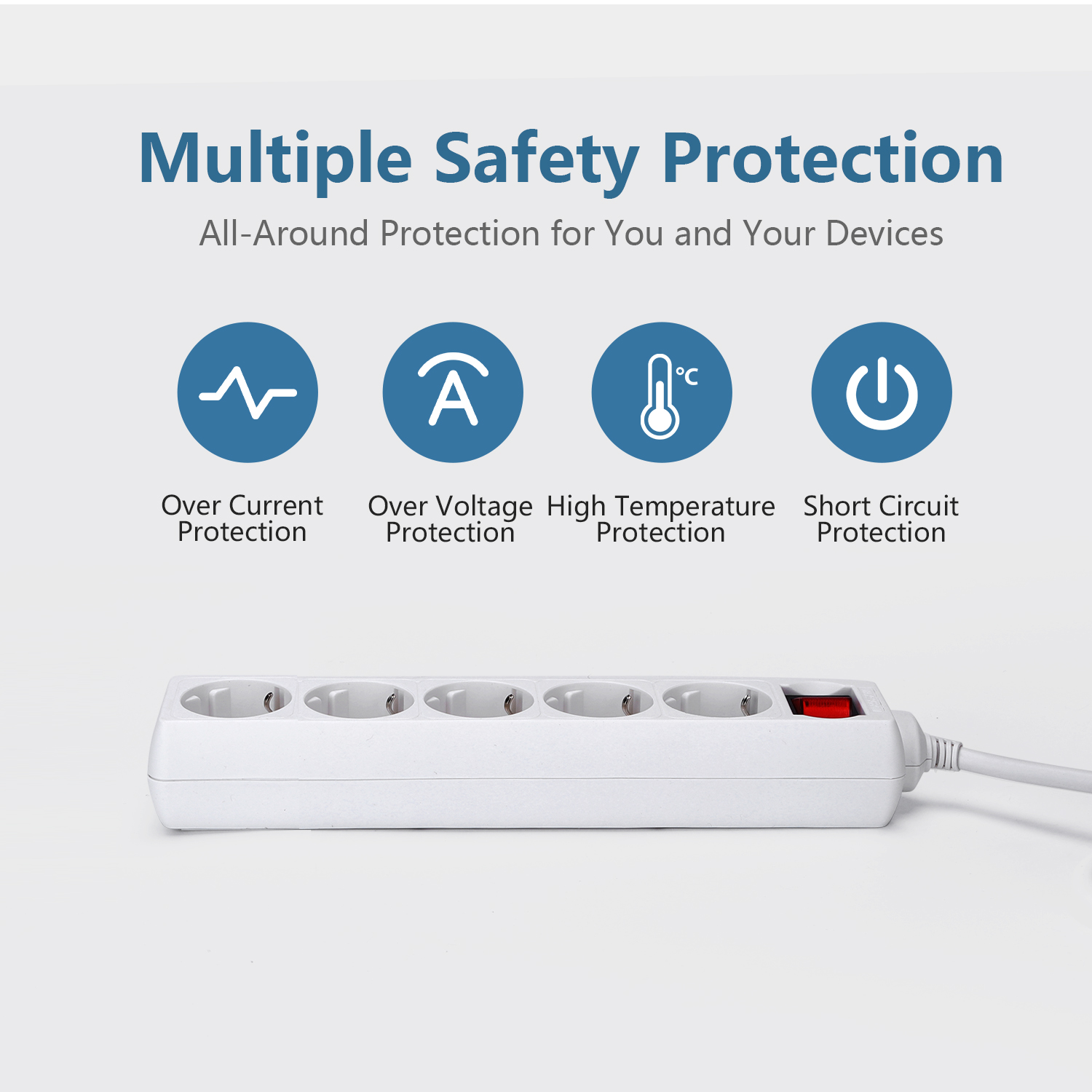 Regleta con iconos de seguridad. Protección contra sobrecorriente y sobretensión.