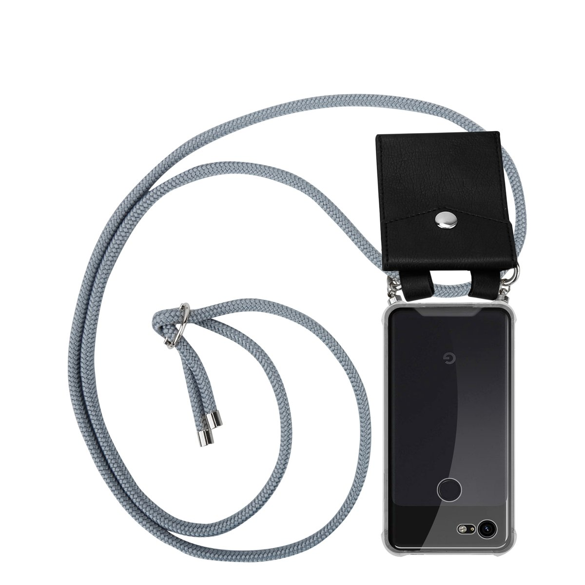 Handyhülle mit grauem Schlüsselband. Die Hülle ist durchsichtig. Das Telefon hat einen schwarzen Bildschirm.