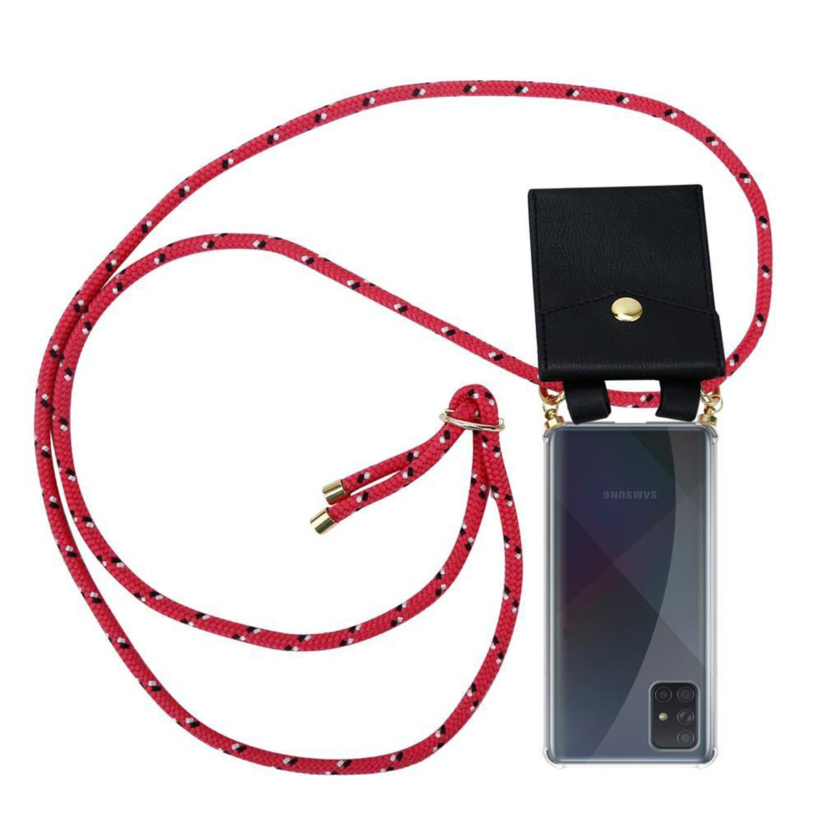Un cordino per telefono rosso e nero con una custodia nera che tiene un telefono Samsung. Il telefono è trasparente.
