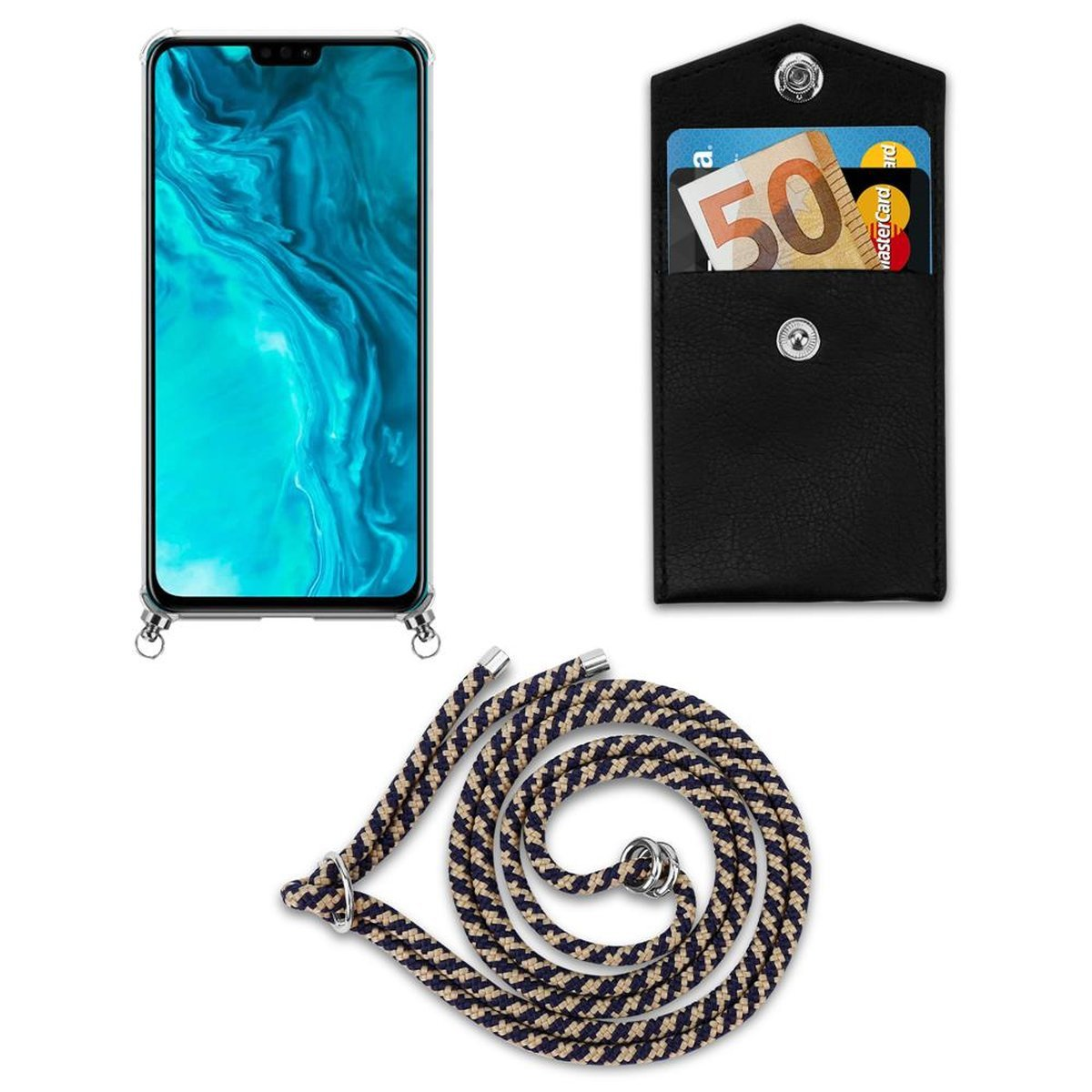 CADORABO Handy Kette Hülle, Ringen, mit Kordel abnehmbarer Backcover, LITE, Silber DUNKELBLAU Band GELB und 9X Honor