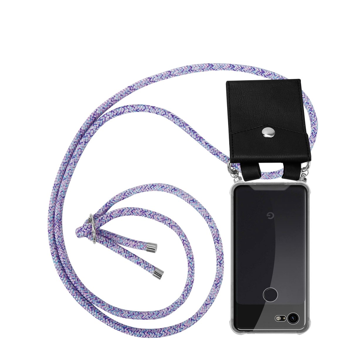 Ein Telefon in einer transparenten Hülle mit einem lila-blau gemusterten Schlüsselband, das an einem schwarzen Beutel befestigt ist.