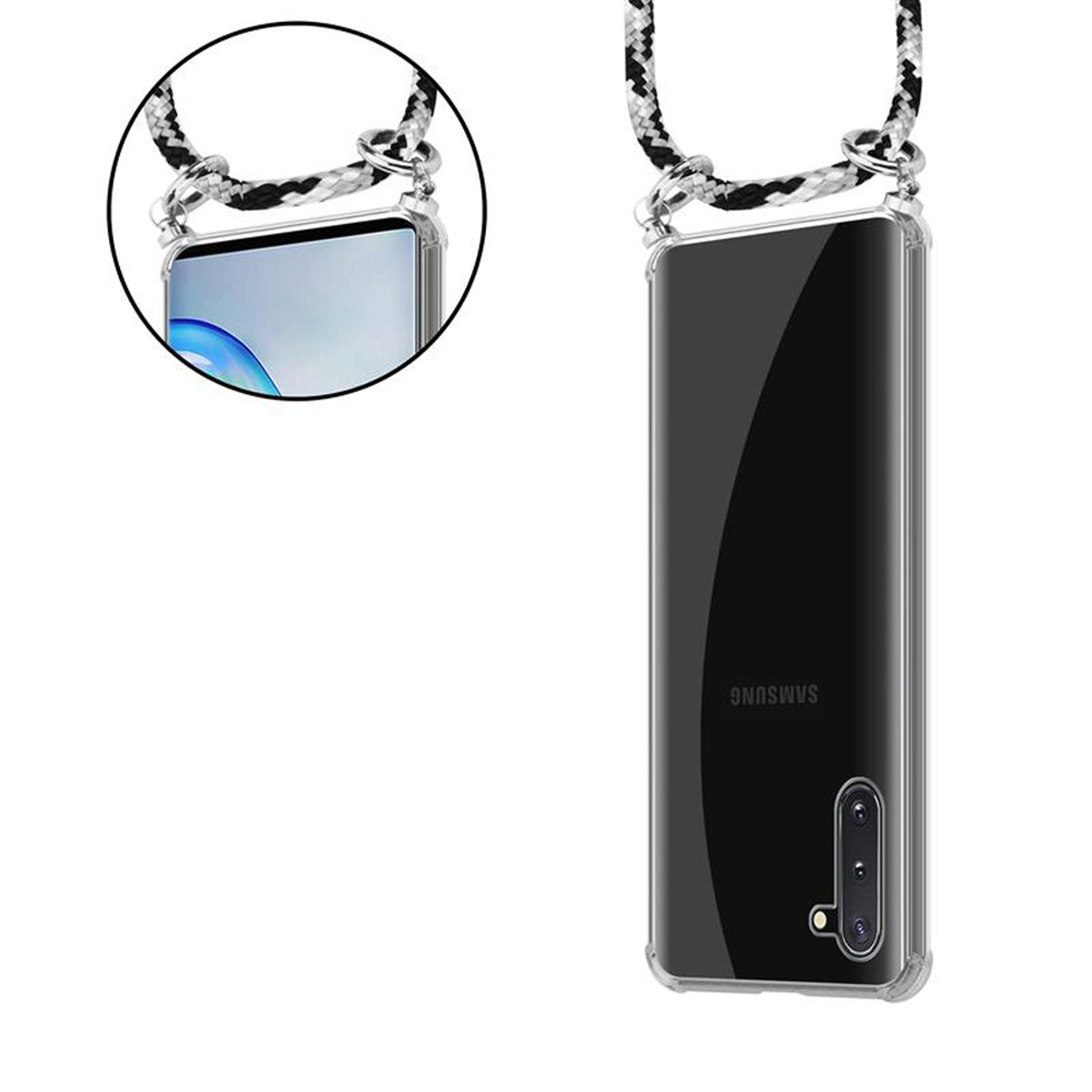 Custodia per telefono con cordino. Il telefono mostra un cerchio blu sullo schermo. Il cordino è bianco e nero.